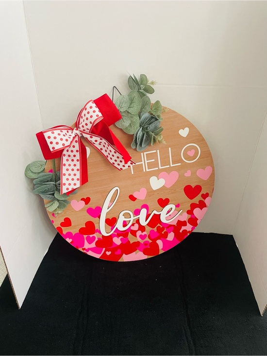 Other - Hello Love Round Sign with Red & White Bow